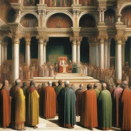 An artistic depiction of the First Council of Nicaea in 325 AD