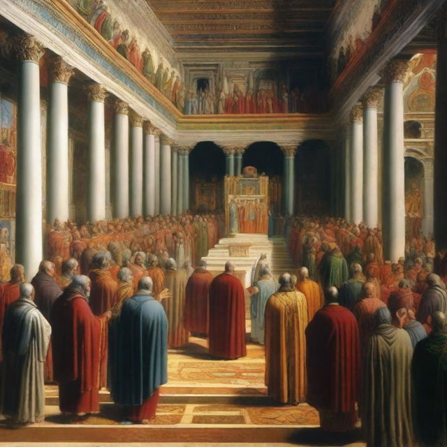 An artistic depiction of the First Council of Nicaea in 325 AD