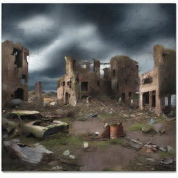 A detailed jigsaw puzzle image depicting an apocalyptic scene with dark skies, ruined buildings, and a desolate landscape