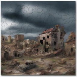 A detailed jigsaw puzzle image depicting an apocalyptic scene with dark skies, ruined buildings, and a desolate landscape