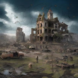 A detailed jigsaw puzzle image depicting an apocalyptic scene with dark skies, ruined buildings, and a desolate landscape