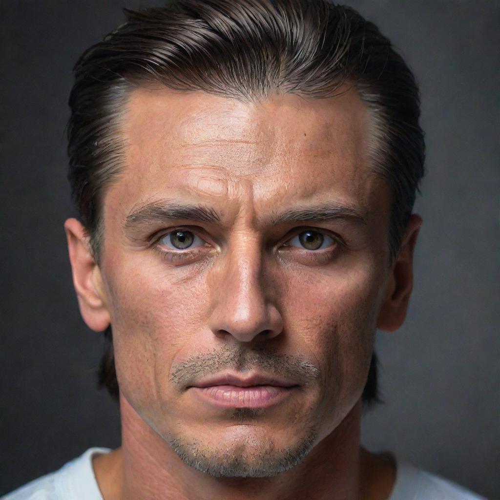 A realistic portrait of Hernan Drago, showcasing his distinct features, captivating eyes, and signature hairstyle