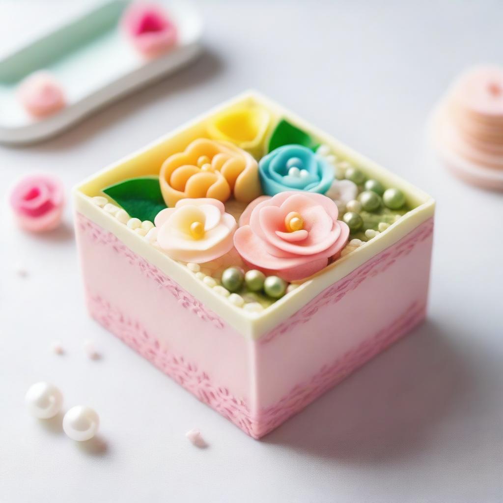 A beautifully decorated bento cake, small and delicate, placed in a minimalist bento box