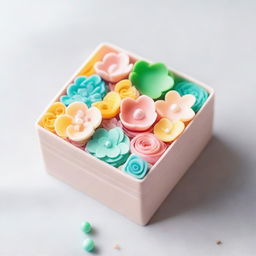 A beautifully decorated bento cake, small and delicate, placed in a minimalist bento box