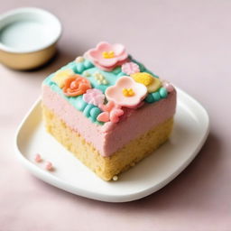 A beautifully decorated bento cake, small and delicate, placed in a minimalist bento box