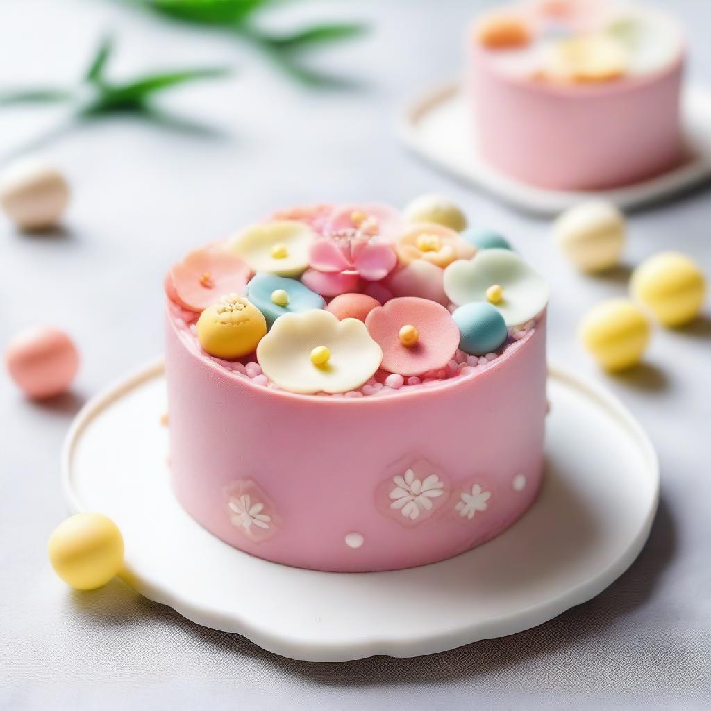 A beautifully decorated bento cake, small and delicate, placed in a minimalist bento box