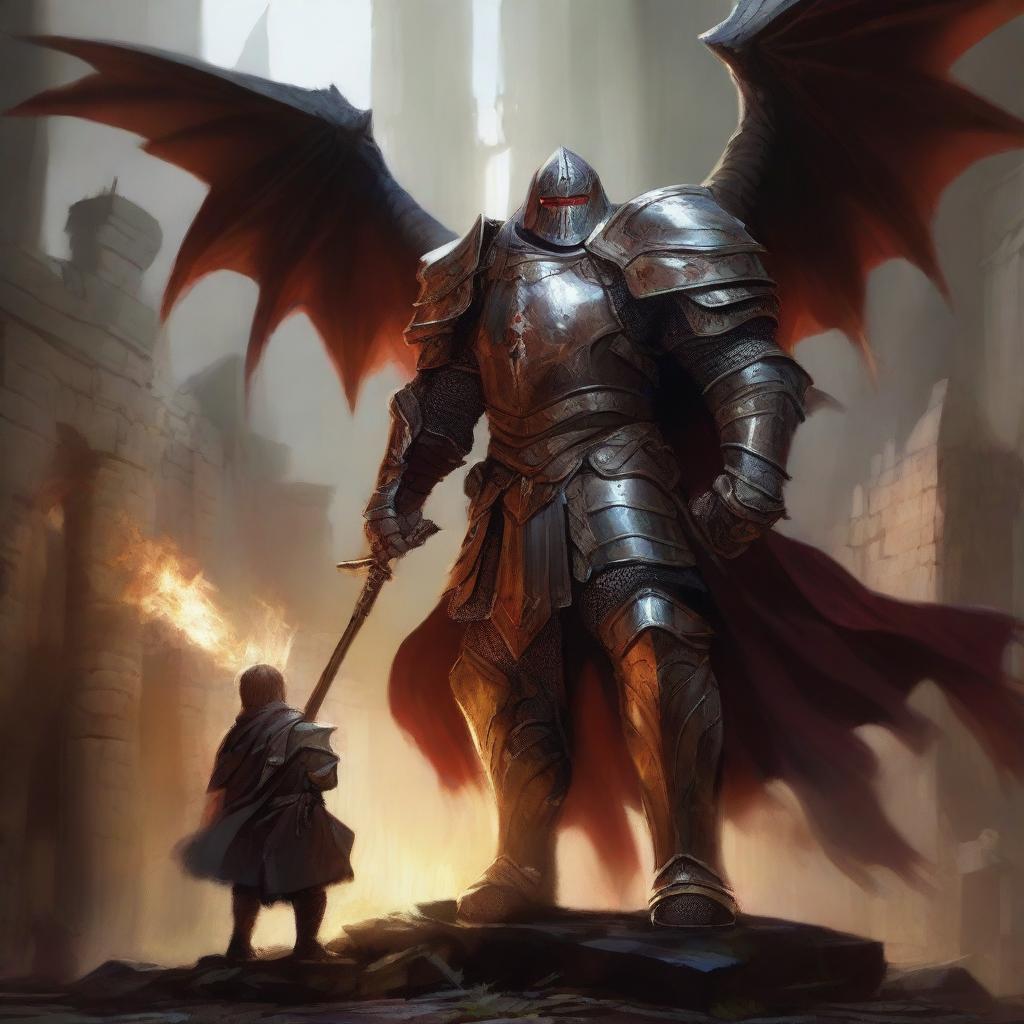 A draconic paladin stands valiantly in a mill, protecting a child from an ambush