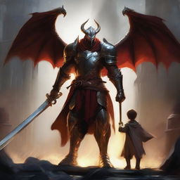 A draconic paladin stands valiantly in a mill, protecting a child from an ambush