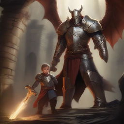 A draconic paladin stands valiantly in a mill, protecting a child from an ambush