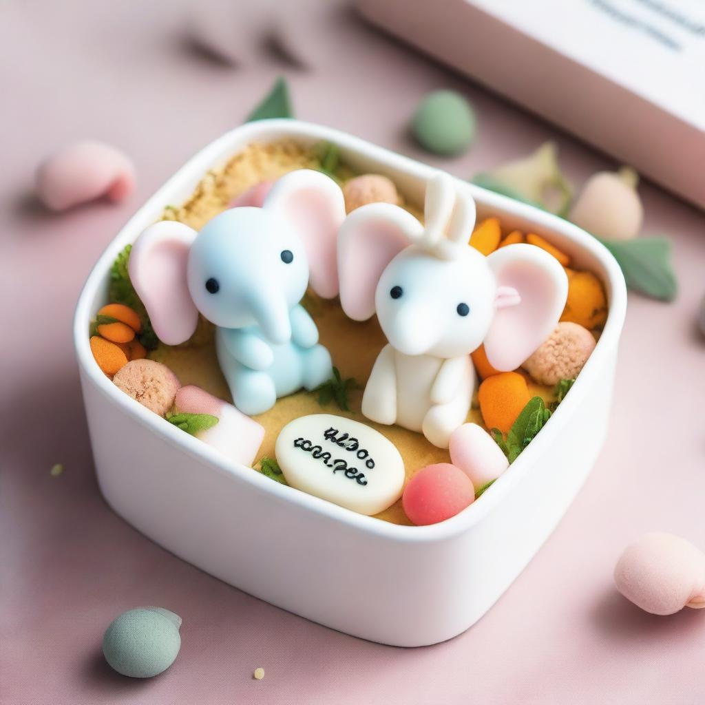 A beautifully decorated bento cake, small and delicate, placed in a minimalist bento box