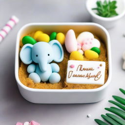 A beautifully decorated bento cake, small and delicate, placed in a minimalist bento box