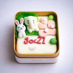 A beautifully decorated bento cake, small and delicate, placed in a minimalist bento box