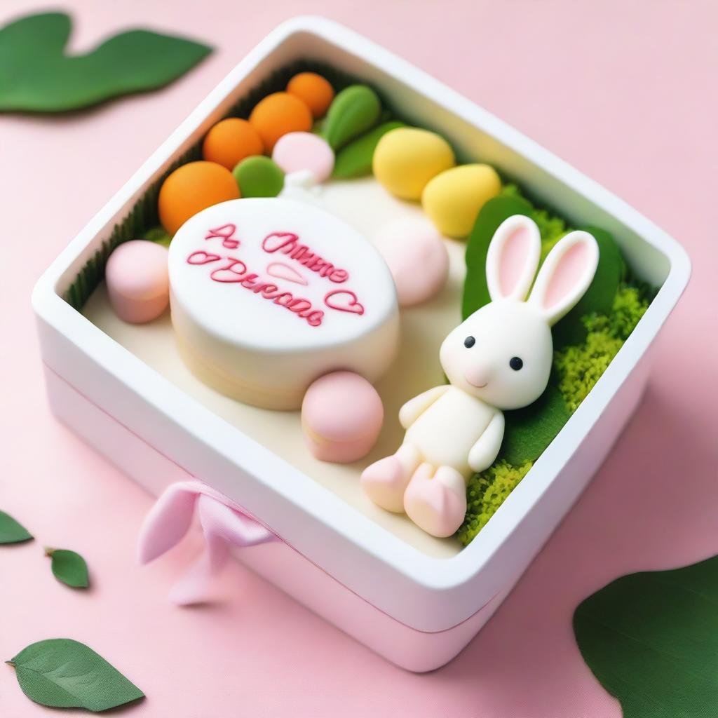 A beautifully decorated bento cake, small and delicate, placed in a minimalist bento box