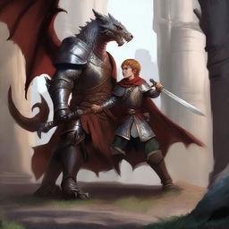 A draconic paladin stands heroically in a mill, shielding a child from an ambush