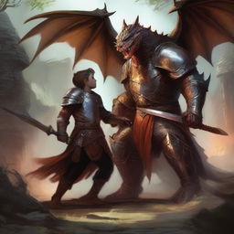 A draconic paladin stands heroically in a mill, shielding a child from an ambush