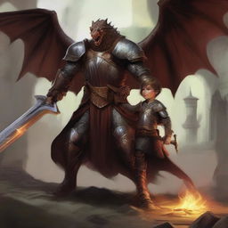 A draconic paladin stands heroically in a mill, shielding a child from an ambush