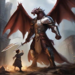 A draconic paladin stands heroically in a mill, shielding a child from an ambush