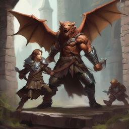 A draconic paladin stands heroically in a mill, shielding a child bound by ropes from an ambush of kobolds