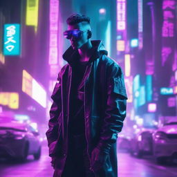 Create a vibrant and eye-catching YouTube thumbnail for a cyberpunk-themed video