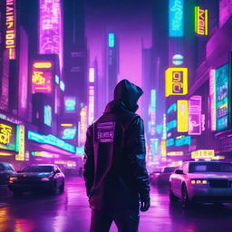 Create a vibrant and eye-catching YouTube thumbnail for a cyberpunk-themed video