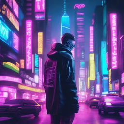 Create a vibrant and eye-catching YouTube thumbnail for a cyberpunk-themed video