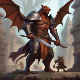 A draconic paladin stands heroically in a mill, shielding a child bound by ropes from an ambush of kobolds