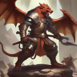 A draconic paladin stands heroically in a mill, shielding a child bound by ropes from an ambush of kobolds