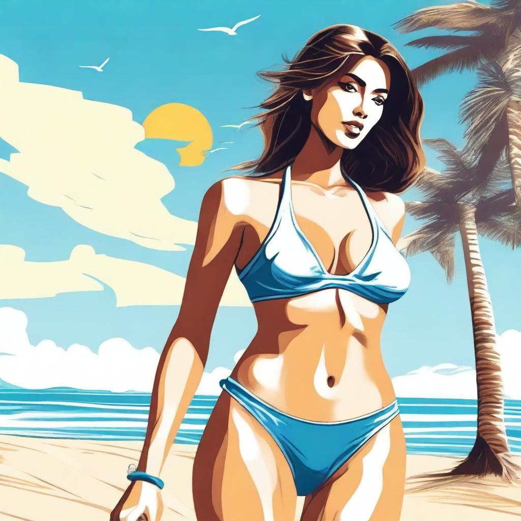 A detailed illustration of a bikini model posing on a sunny beach with clear blue skies and palm trees in the background