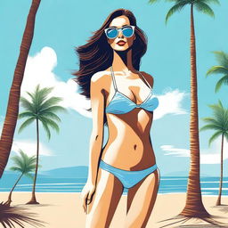 A detailed illustration of a bikini model posing on a sunny beach with clear blue skies and palm trees in the background