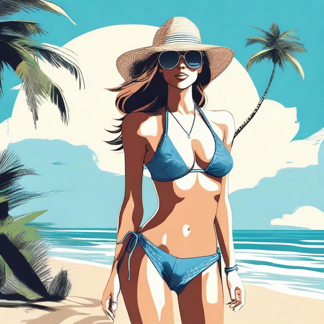 A detailed illustration of a bikini model posing on a sunny beach with clear blue skies and palm trees in the background