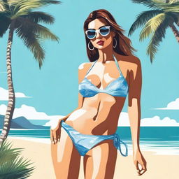 A detailed illustration of a bikini model posing on a sunny beach with clear blue skies and palm trees in the background