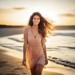 A beautiful young woman with flowing hair standing near a serene beach