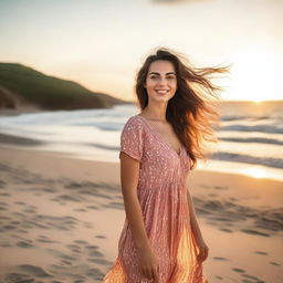 A beautiful young woman with flowing hair standing near a serene beach