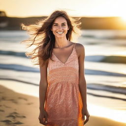 A beautiful young woman with flowing hair standing near a serene beach