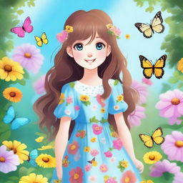 A cute girl with a cheerful smile, wearing a colorful dress, standing in a beautiful garden full of flowers and butterflies