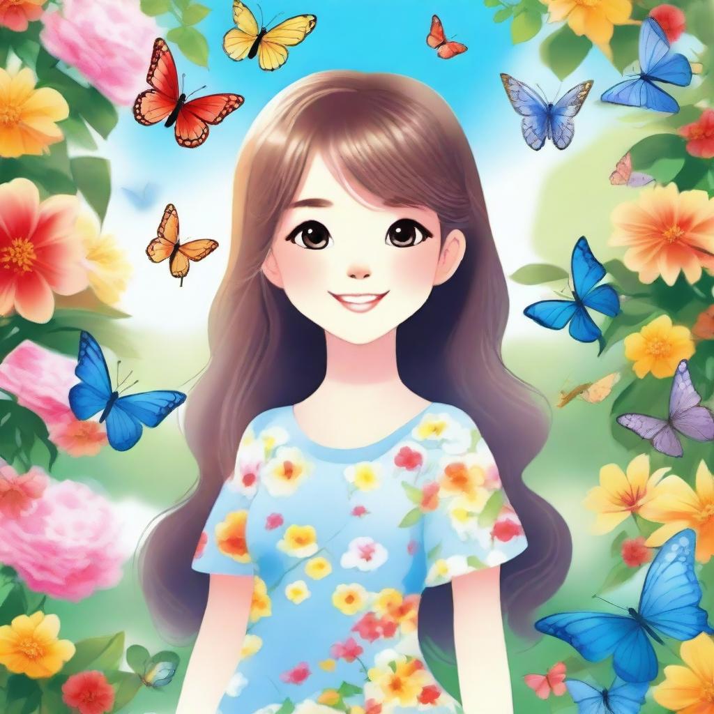 A cute girl with a cheerful smile, wearing a colorful dress, standing in a beautiful garden full of flowers and butterflies