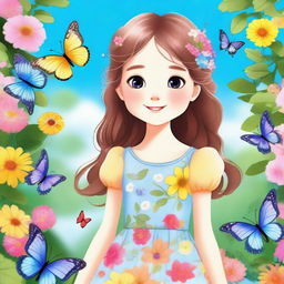 A cute girl with a cheerful smile, wearing a colorful dress, standing in a beautiful garden full of flowers and butterflies