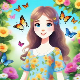 A cute girl with a cheerful smile, wearing a colorful dress, standing in a beautiful garden full of flowers and butterflies