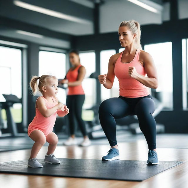 A fit and attractive woman in gym attire, with a confident and sexy demeanor, working out in a modern gym