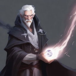 A short male human sorcerer from the Dungeons & Dragons universe with white hair and an evil intent