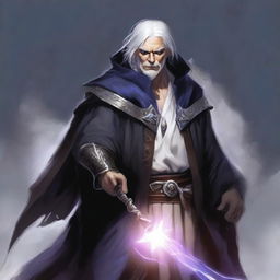 A short male human sorcerer from the Dungeons & Dragons universe with white hair and an evil intent