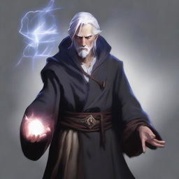 A short male human sorcerer from the Dungeons & Dragons universe with white hair and an evil intent