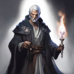 A short male human sorcerer from the Dungeons & Dragons universe with white hair and an evil intent