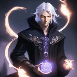 A short human male sorcerer in his twenties with white hair and an evil intent