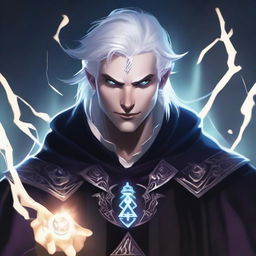 A short human male sorcerer in his twenties with white hair and an evil intent