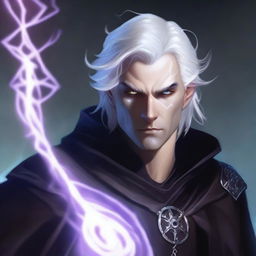 A short human male sorcerer in his twenties with white hair and an evil intent