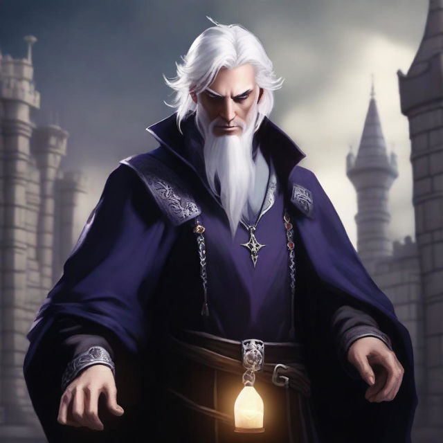 A short royal human male sorcerer in his twenties with white hair and evil intent