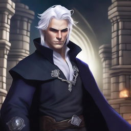 A short royal human male sorcerer in his twenties with white hair and evil intent