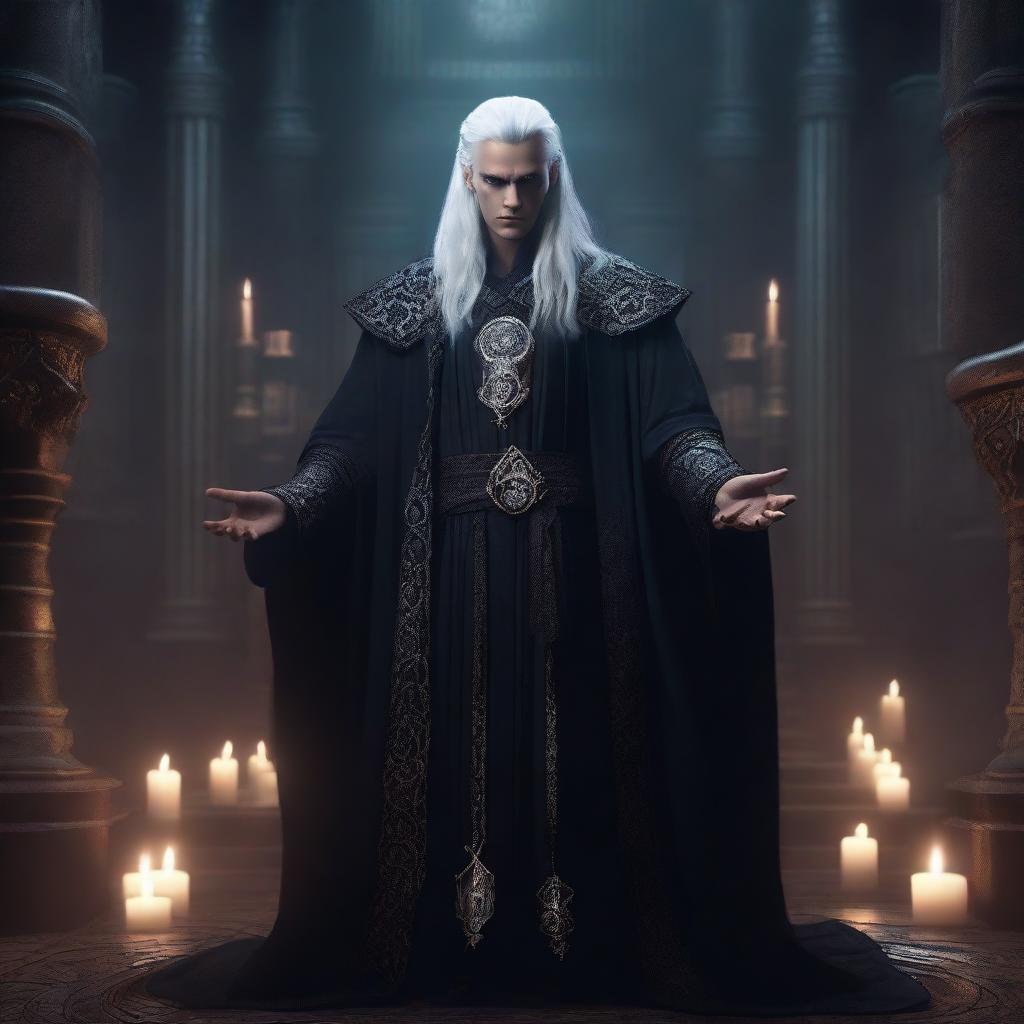 A short evil royal human male sorcerer in his twenties with white hair, dressed in elaborate dark robes adorned with mystical symbols