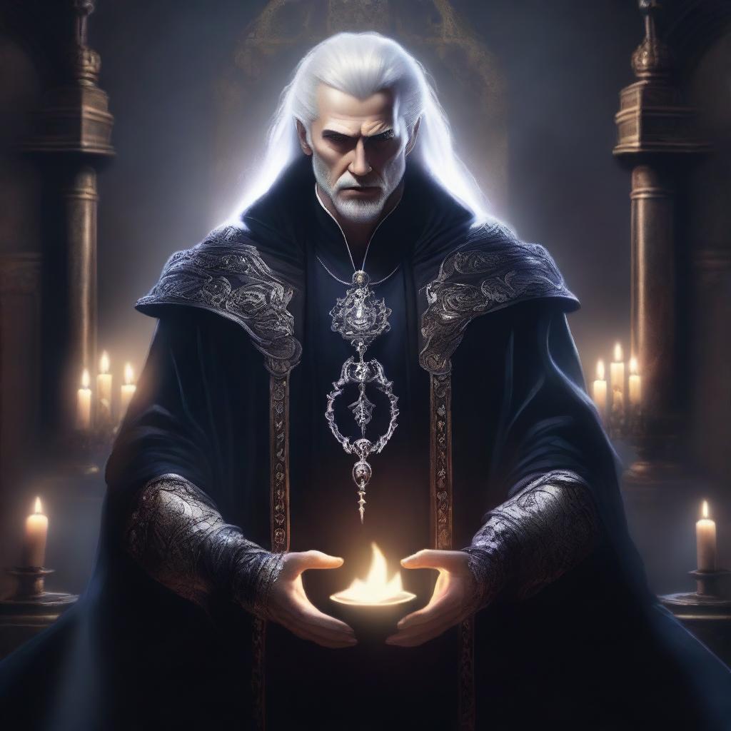 A short evil royal human male sorcerer in his twenties with white hair, dressed in elaborate dark robes adorned with mystical symbols